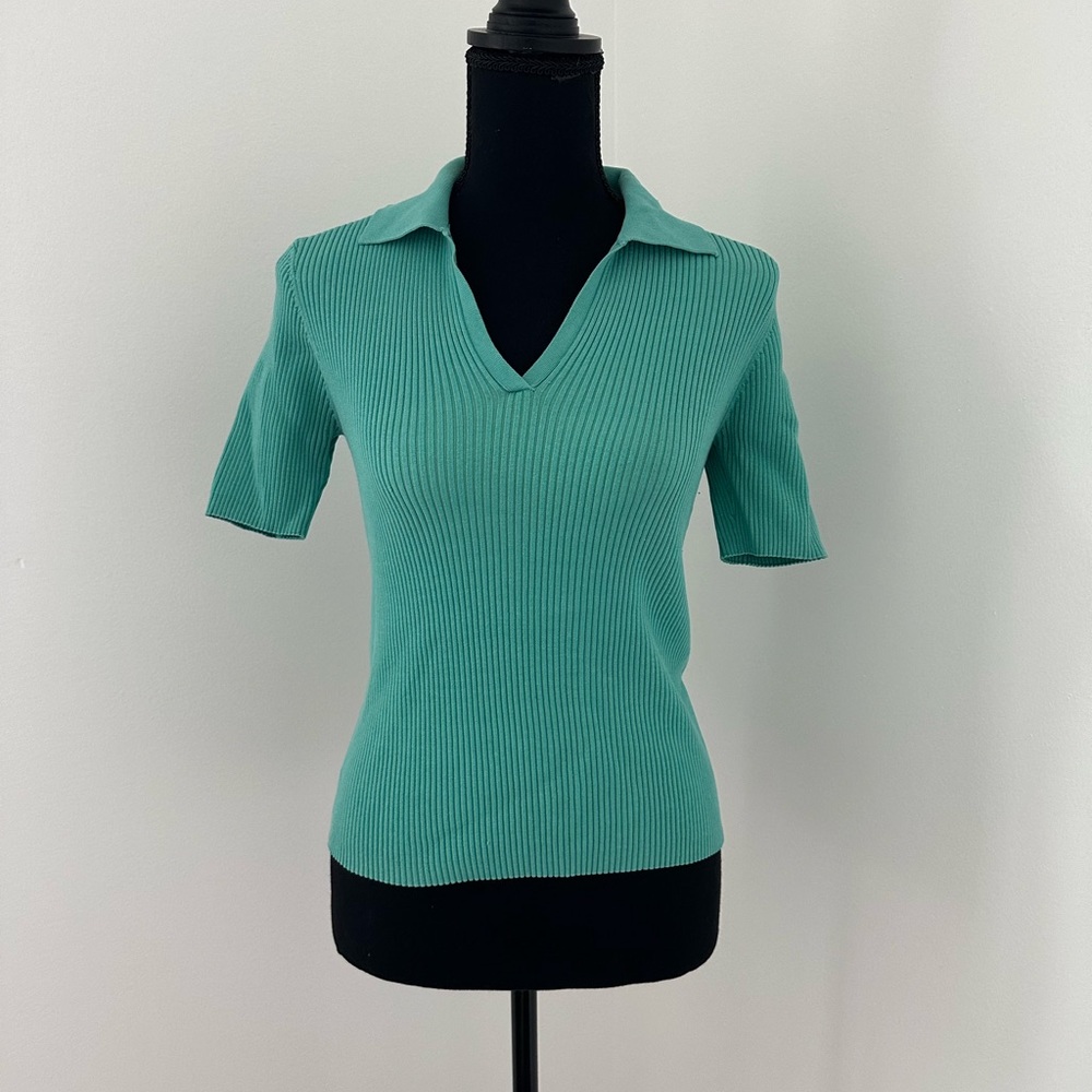 Vintage Teal Ribbed V-neck Sweater